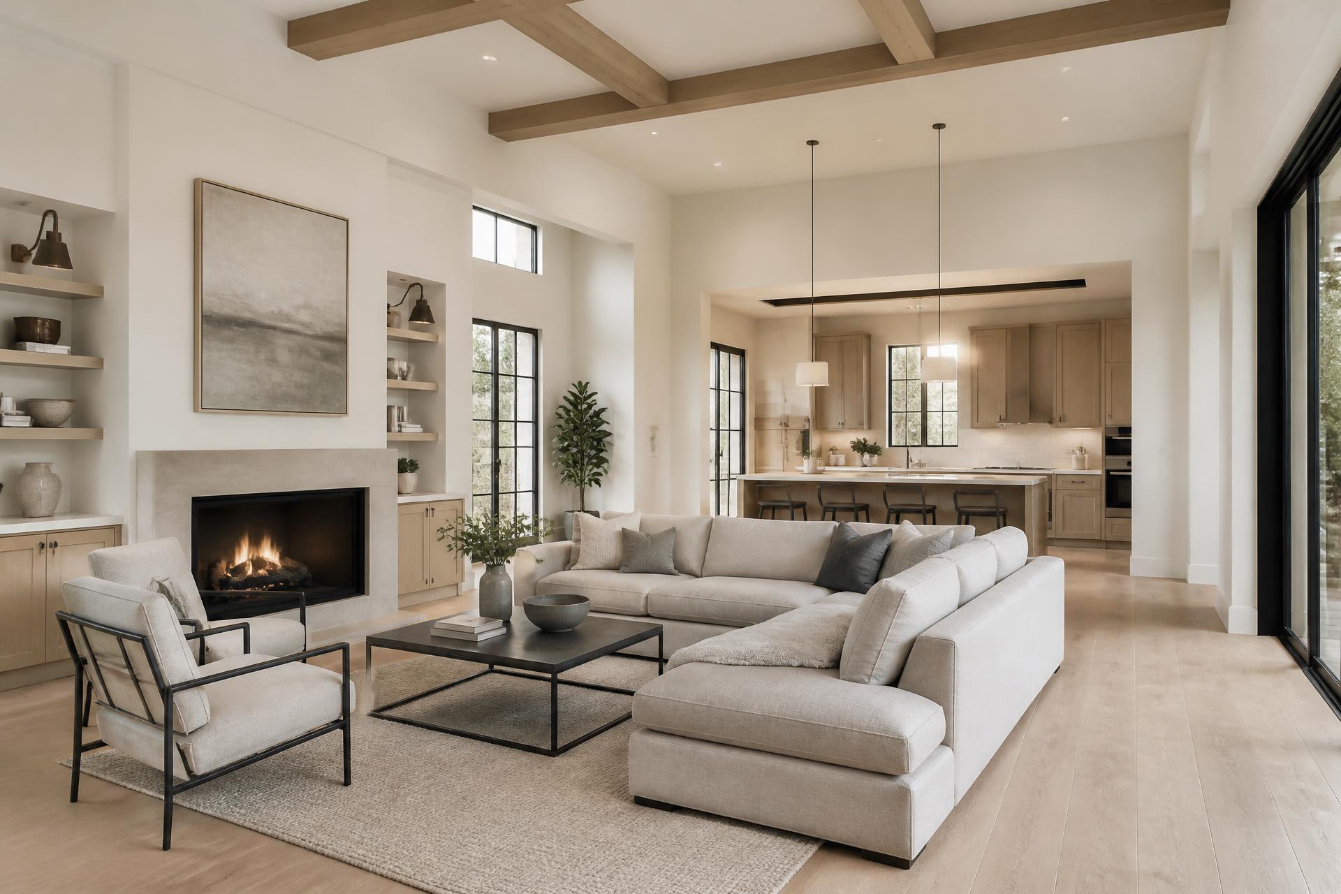 Newly completed residential great room with smooth drywall walls and natural light